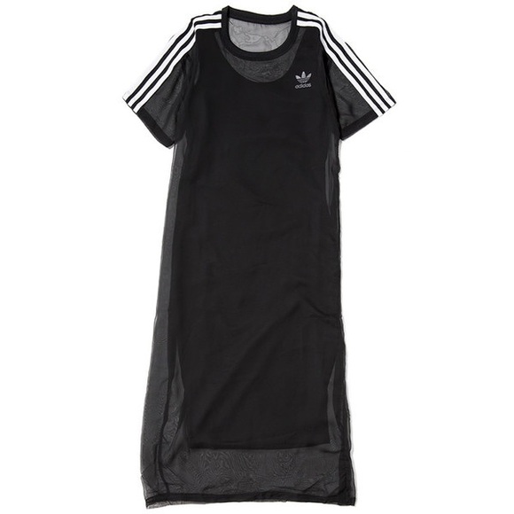 adidas Dresses & Skirts - adidas Black Mesh Midi Dress with White Stripes